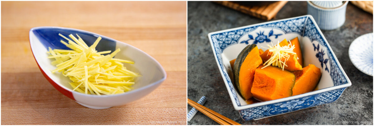 Left: A small bowl with thinly sliced fresh ginger. Right: A blue and white bowl containing simmered kabocha squash, garnished with thin strips of ginger.