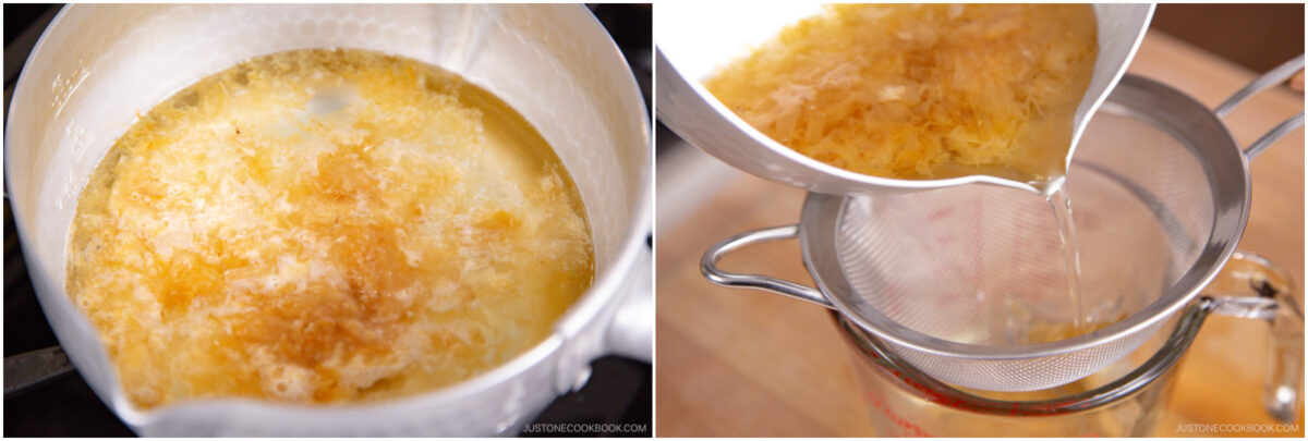 A pot of melted butter with milk solids is shown on the left; on the right, the contents are being poured through a fine mesh strainer over a measuring cup to clarify the butter.
