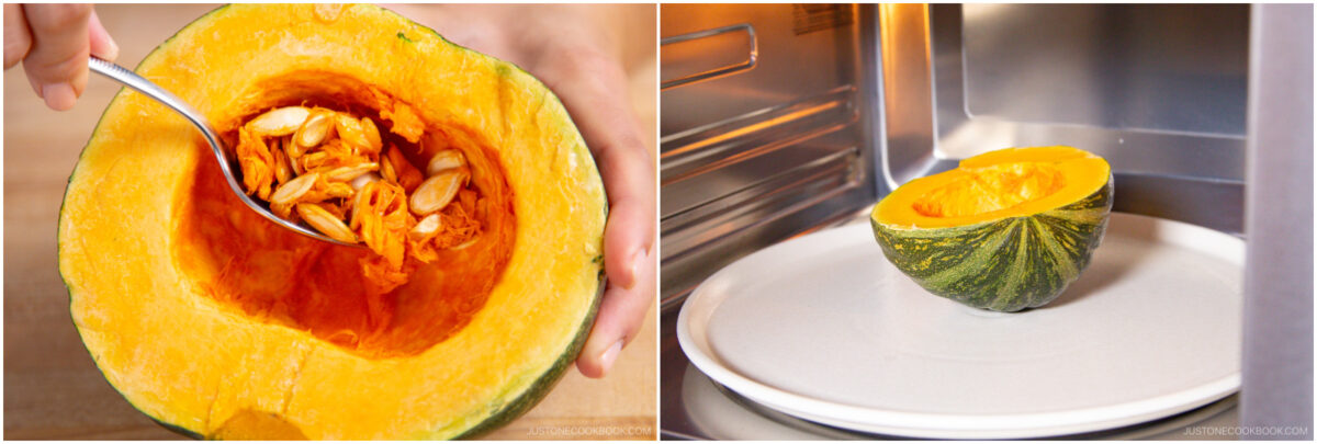 A person scoops seeds from a halved pumpkin with a spoon; next to it, the cleaned pumpkin half sits on a microwave turntable, ready to be cooked.