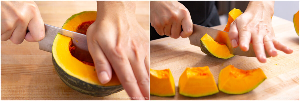 Two images side by side show hands cutting a green-skinned, orange-fleshed squash on a wooden surface: first slicing it in half, then cutting it into smaller wedges.