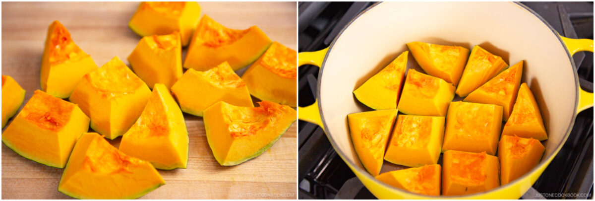 Sliced pieces of kabocha squash on a wooden cutting board (left) and the same pieces arranged in a yellow pot on a stovetop (right).