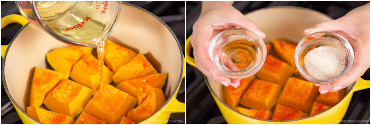 Two images: On the left, oil is being poured onto chunks of pumpkin in a yellow pot. On the right, hands hold small bowls of vinegar and sugar above the same pumpkin-filled pot.
