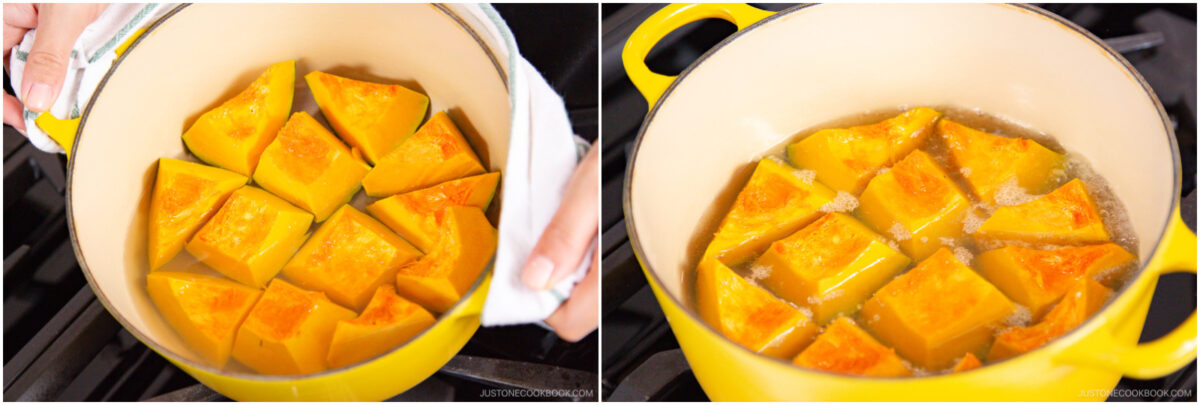 Two side-by-side photos of orange pumpkin chunks in a yellow pot: on the left, raw pumpkin pieces; on the right, the same pieces partially submerged and simmering in bubbling liquid.