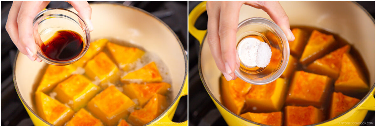 A hand adds soy sauce to cubed pumpkin in a pot in the left image; on the right, a hand sprinkles salt from a small bowl onto the pumpkin in the same pot.