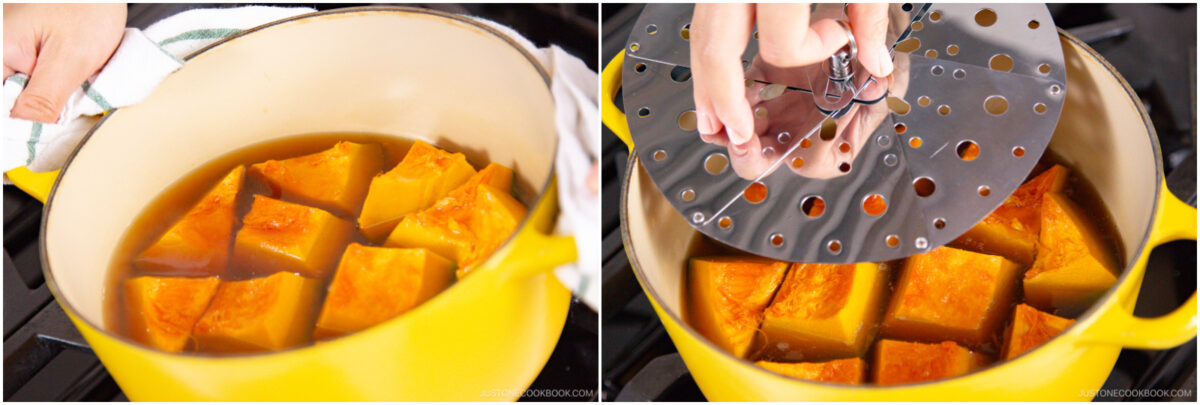 Two side-by-side images: On the left, chunks of kabocha squash simmer in a yellow pot with liquid; on the right, a hand places a round metal drop lid over the squash in the same pot.