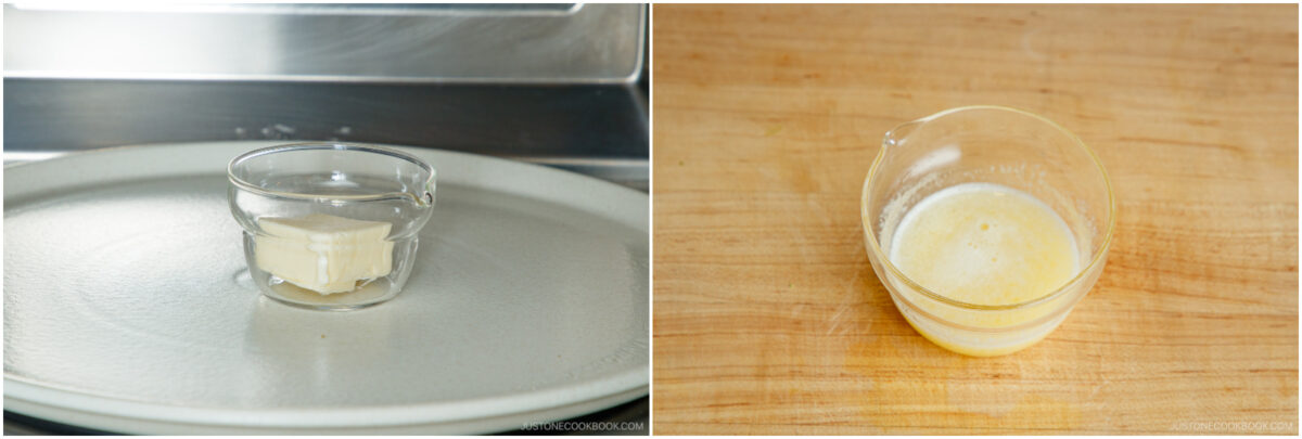Side-by-side images: on the left, a glass bowl with solid butter inside a microwave; on the right, the same glass bowl with the butter now melted on a wooden surface.