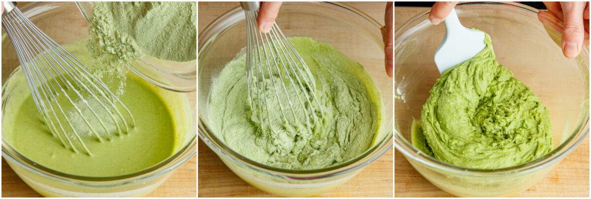 Three photos show a glass bowl as green matcha powder is whisked into a mixture, gradually thickening to form a smooth, vibrant green batter with a spatula.