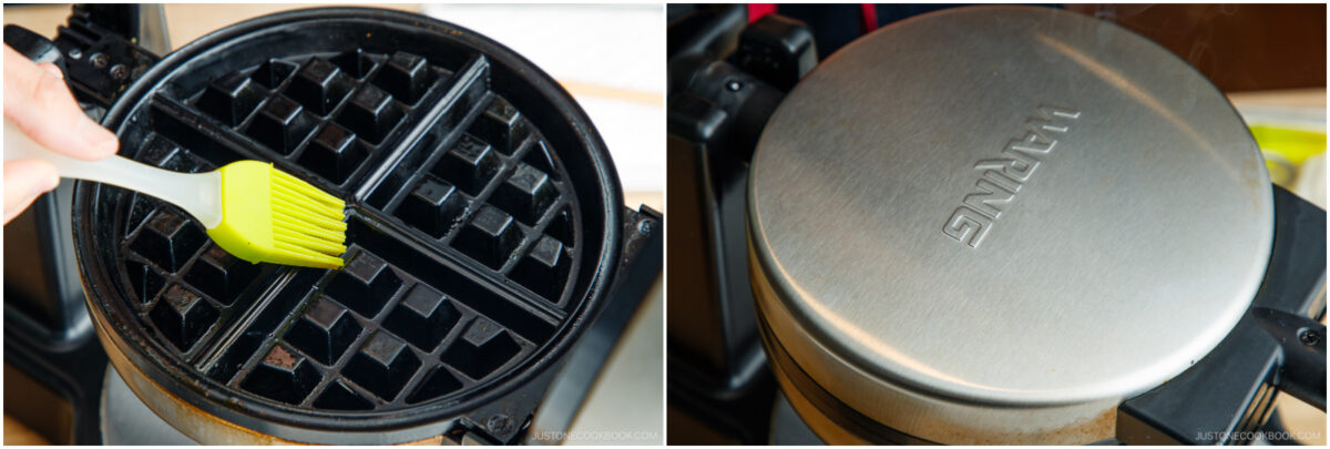 Left: A hand brushes oil onto a round waffle iron with a green silicone brush. Right: The closed stainless steel lid of a Waring waffle maker.