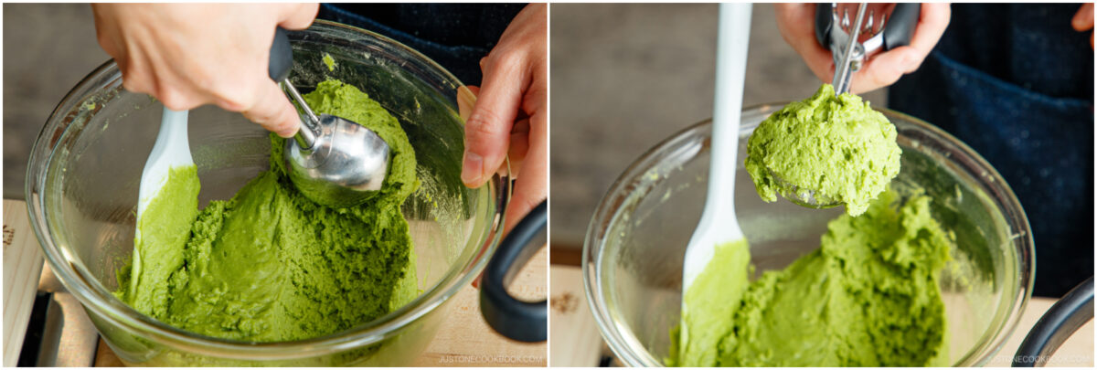 Two images show hands scooping bright green dough from a glass mixing bowl using a metal scoop, with a white spatula resting in the bowl.