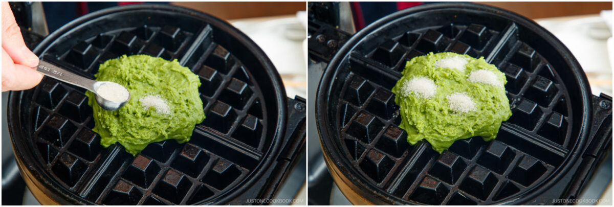 Close-up of a green waffle batter on a waffle maker. In the left image, a hand sprinkles sugar with a measuring spoon. In the right image, sugar is sprinkled in small piles on top of the batter.