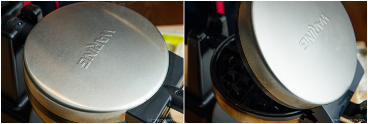 A close-up of a stainless steel waffle maker with the lid closed, showing the brand name Waring engraved on top; a hint of freshly-made waffles is visible at the edge in the right image.