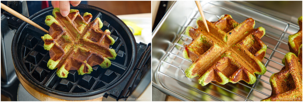 Two images: on the left, a green and brown waffle is being lifted from a waffle iron; on the right, the cooked waffle cools on a wire rack over a tray.