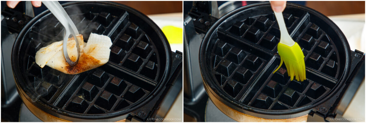 Split image: On the left, a piece of cooked fish is being lifted from a hot waffle maker. On the right, a hand brushes oil onto the waffle maker’s surface using a green silicone brush.