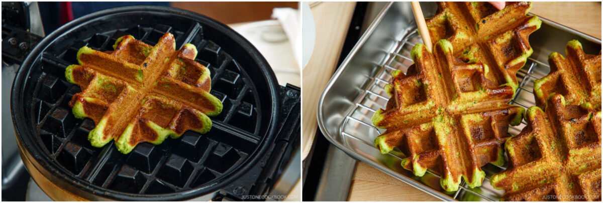 A split image: on the left, a green waffle cooking in a waffle maker; on the right, three cooked green waffles cooling on a metal tray with a wooden spatula beside them.