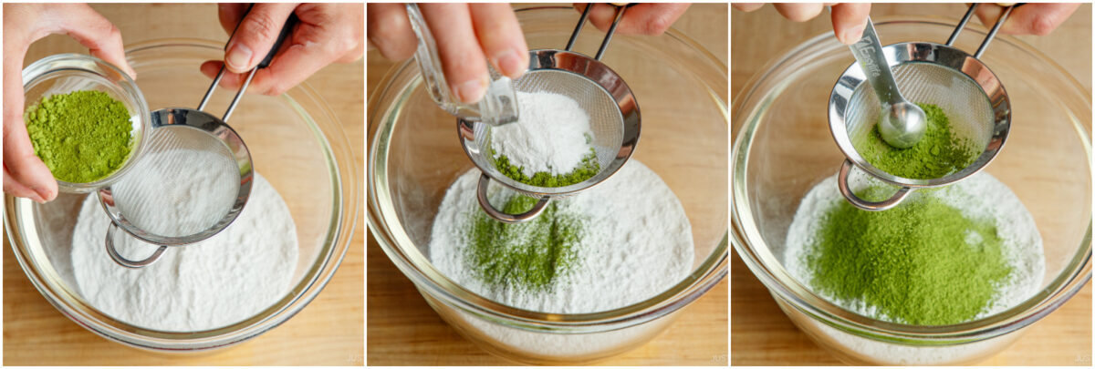 A three-panel image shows powdered sugar and green matcha powder being combined and sifted together into a glass bowl using a fine mesh strainer and a measuring spoon.
