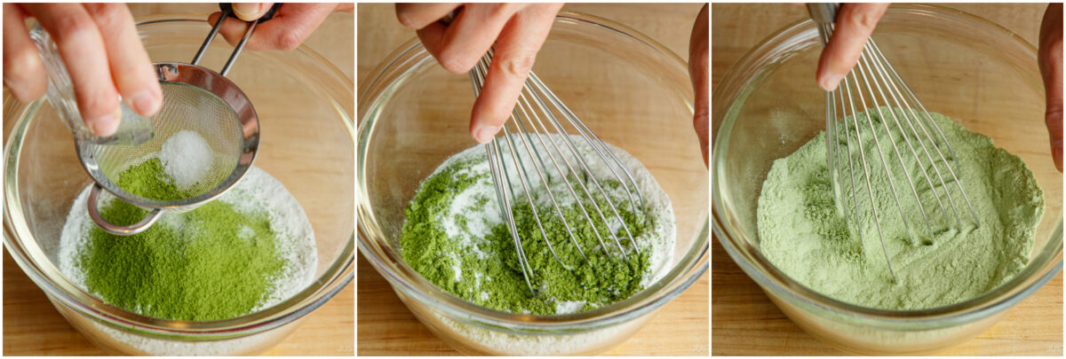 Three-panel image showing green matcha powder and white ingredients being sifted, whisked together, and combined in a glass bowl on a wooden surface, preparing for baking.