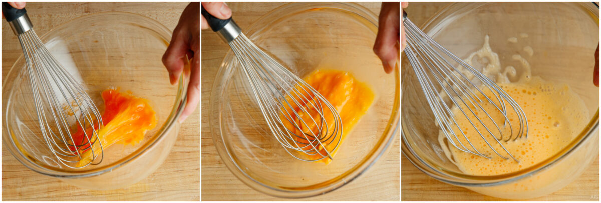 Three-panel image showing eggs being whisked in a clear glass bowl on a wooden surface, progressing from whole eggs to partially mixed, and finally to fully beaten, frothy eggs.