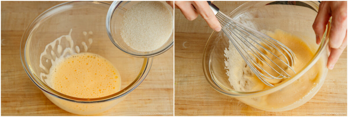 Two side-by-side images: on the left, sugar is being poured into a bowl of beaten eggs; on the right, the mixture is being whisked with a metal whisk in a glass bowl on a wooden surface.