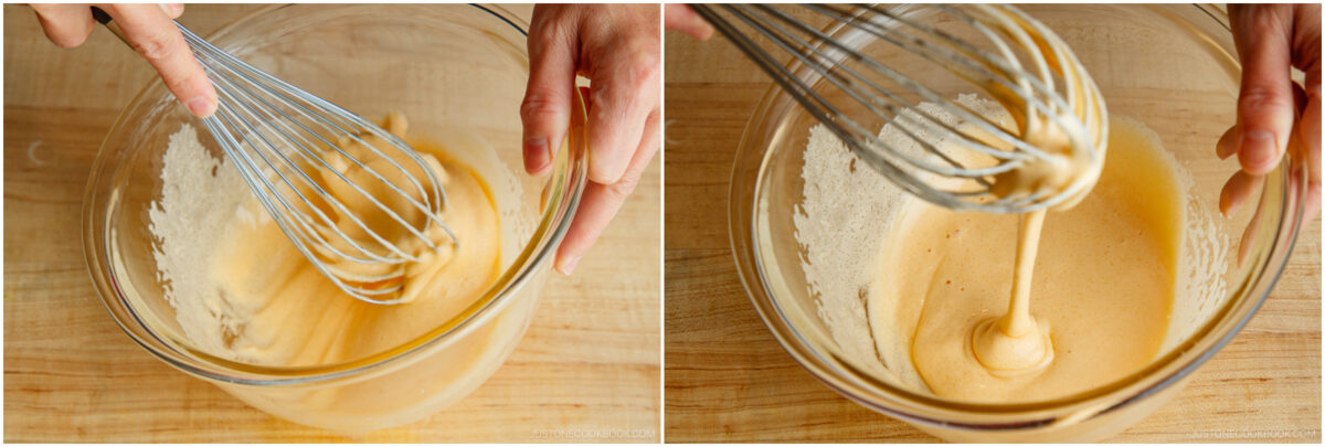 Two side-by-side images show hands whisking a smooth, light batter in a clear glass bowl on a wooden surface. The whisk lifts the batter, showing its creamy consistency.