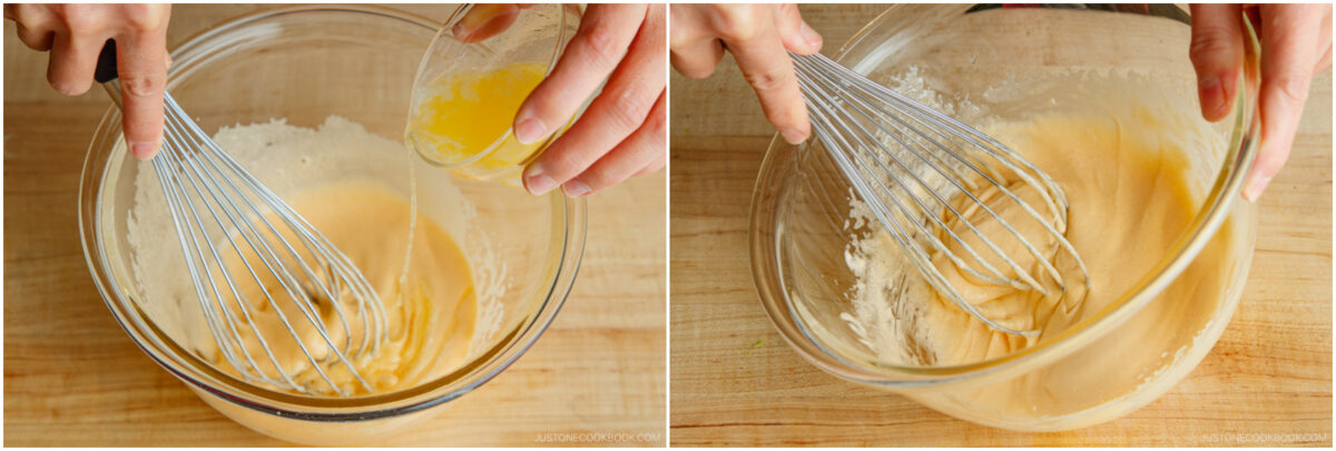 Two side-by-side images show hands whisking ingredients in a glass bowl. On the left, melted butter is being poured in; on the right, the mixture is smooth and well combined.