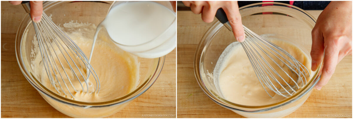 Two photos: On the left, milk is being poured into a bowl of whisked ingredients; on the right, hands use a whisk to mix the resulting batter in a glass bowl on a wooden surface.