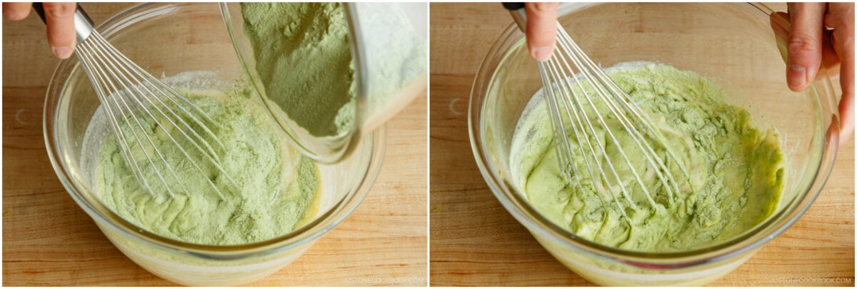 Two images show matcha powder being poured into a glass bowl of liquid and then whisked together by hand, with the mixture turning a bright green color on a wooden surface.