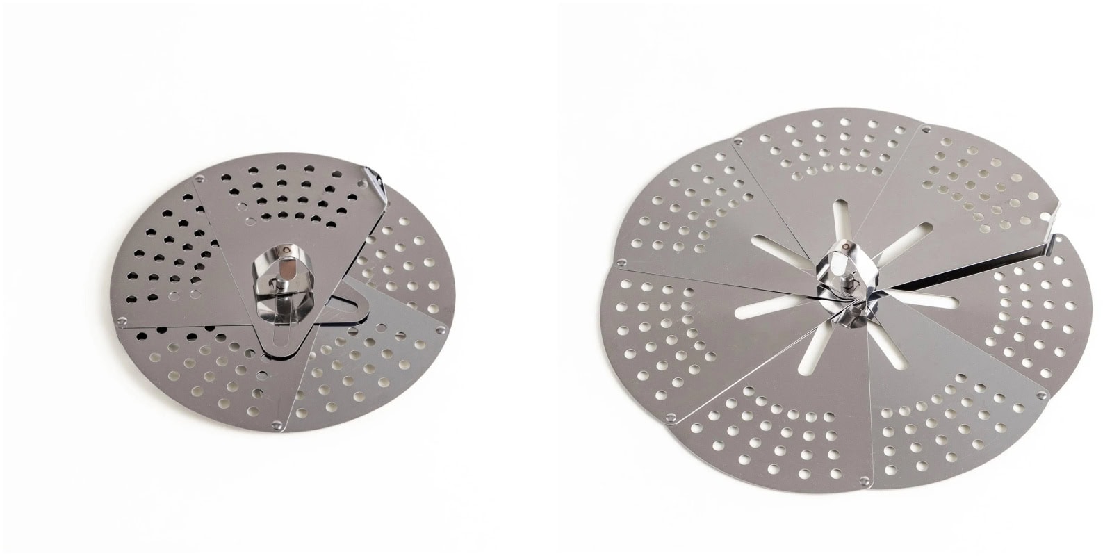 Otoshibuta drop lid: Two stainless steel steamer baskets shown side by side; the left one is closed and compact, while the right one is open and expanded, both with holes for steaming and a central handle.