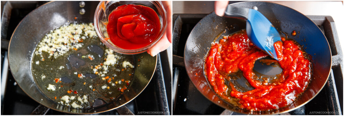 Two-panel image: Left, minced garlic and red pepper flakes are sautéing in oil in a pan while ketchup is being poured in. Right, a hand stirs the ketchup mixture with a blue spatula, blending the ingredients.