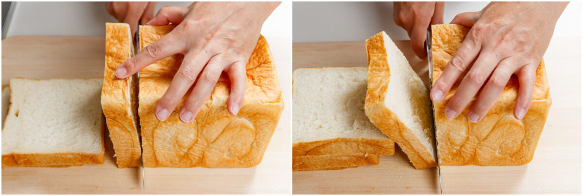A close-up of hands slicing a loaf of white bread on a wooden cutting board, shown from two different angles.