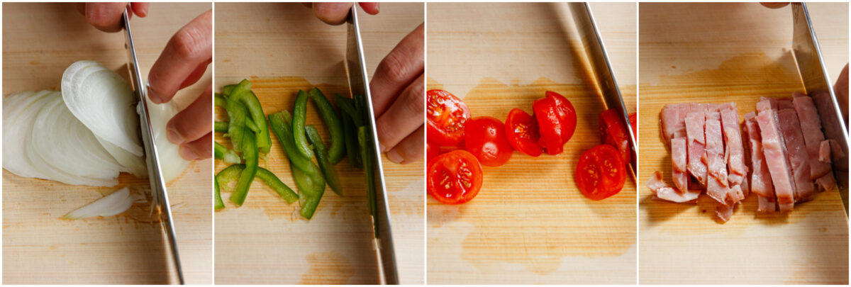 Four side-by-side images show hands slicing an onion, a green bell pepper, cherry tomatoes, and ham on a wooden cutting board.