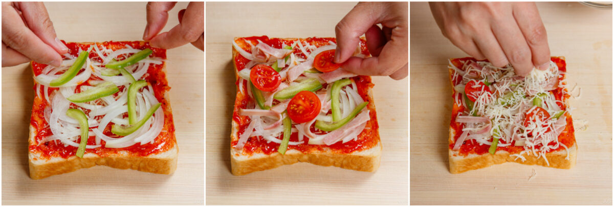 Three side-by-side images show hands preparing toast with tomato sauce, sliced onions, bell peppers, and halved tomatoes, then topping it with shredded cheese on a wooden surface.