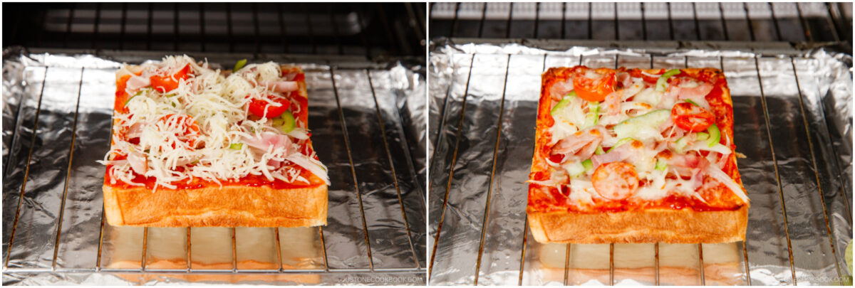 Two photos side by side: On the left, an uncooked French bread pizza with cheese, peppers, and pepperoni; on the right, the same pizza baked with melted cheese and browned toppings, both on a foil-lined oven rack.