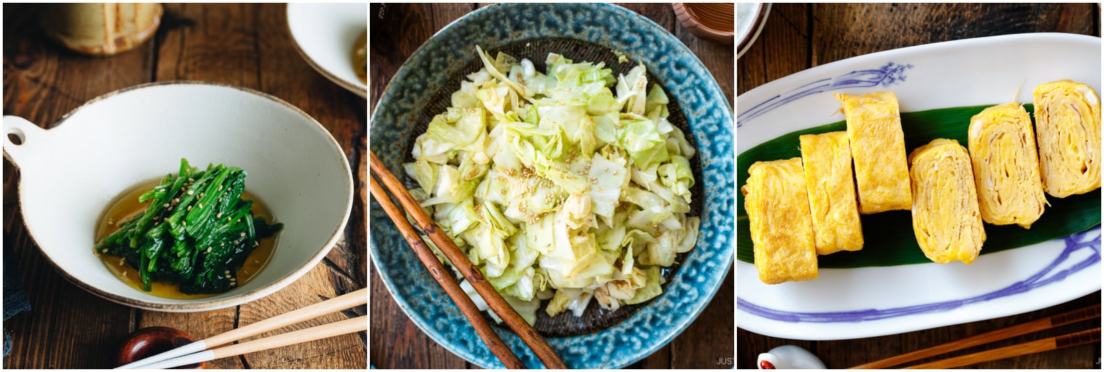 A triptych of Japanese dishes: spinach in broth, chopped cabbage salad with sesame, and neatly sliced tamagoyaki (Japanese rolled omelette) on a rectangular plate with a leaf garnish.