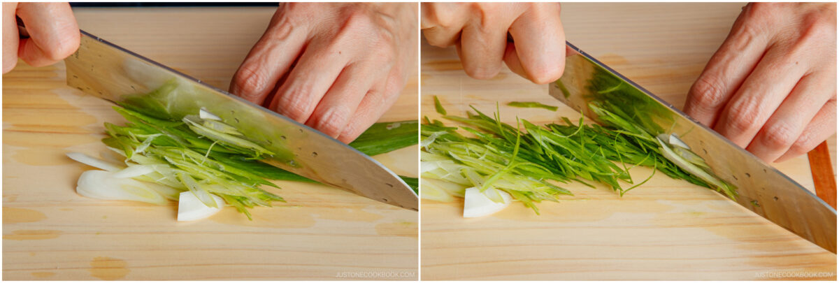 Close-up of hands using a knife to thinly slice green onions on a wooden cutting board, shown in two side-by-side images.