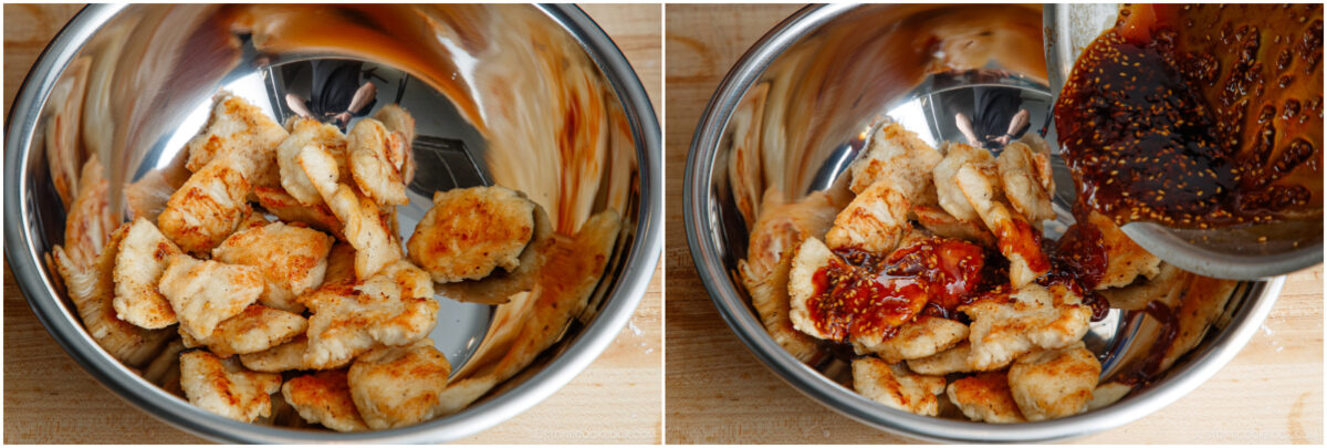 Two side-by-side photos: cooked chicken pieces in a metal bowl on the left, and on the right, a sauce being poured over the chicken from a saucepan. Both images are on a wooden surface.