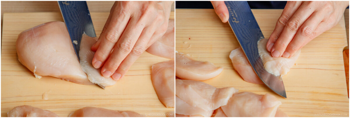 Two close-up images show hands slicing raw chicken breasts on a wooden cutting board with a large, sharp knife. The left image shows the start of the cut; the right image shows a thinner slice being separated.