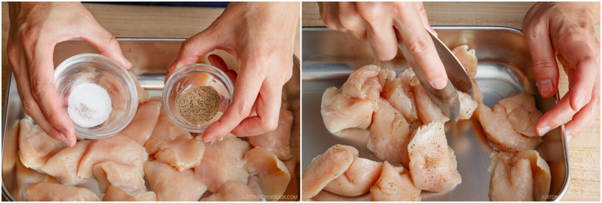 Two images: On the left, hands hold small bowls of salt and pepper over raw chicken pieces. On the right, a hand sprinkles seasoning on the chicken while another hand uses a knife to cut the pieces on a metal tray.