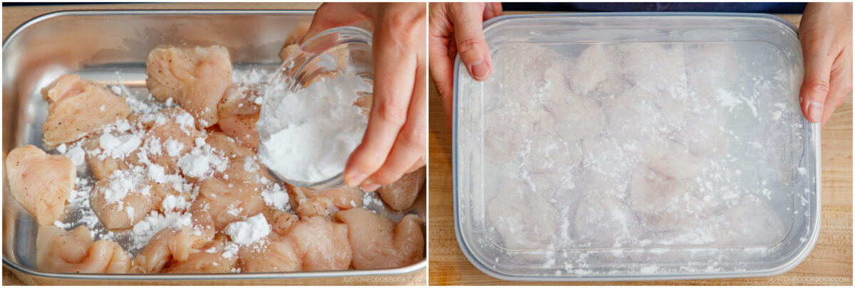 Raw chicken pieces in a metal tray are sprinkled with white powder, likely cornstarch, from a small glass bowl. In the next image, the tray is covered with a lid, and the chicken is barely visible underneath.