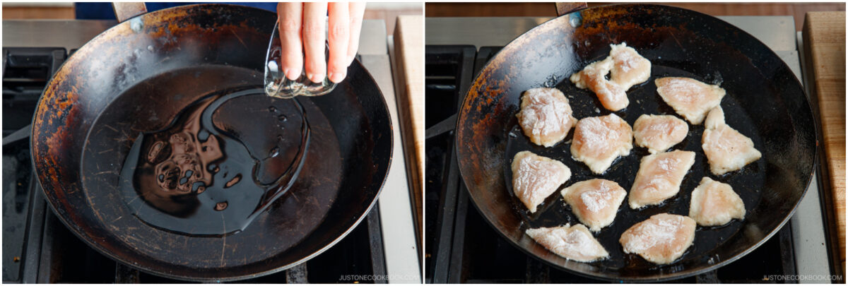 Side-by-side photos: on the left, a hand pours oil into a hot frying pan; on the right, pieces of floured chicken are arranged in the pan, ready for cooking.