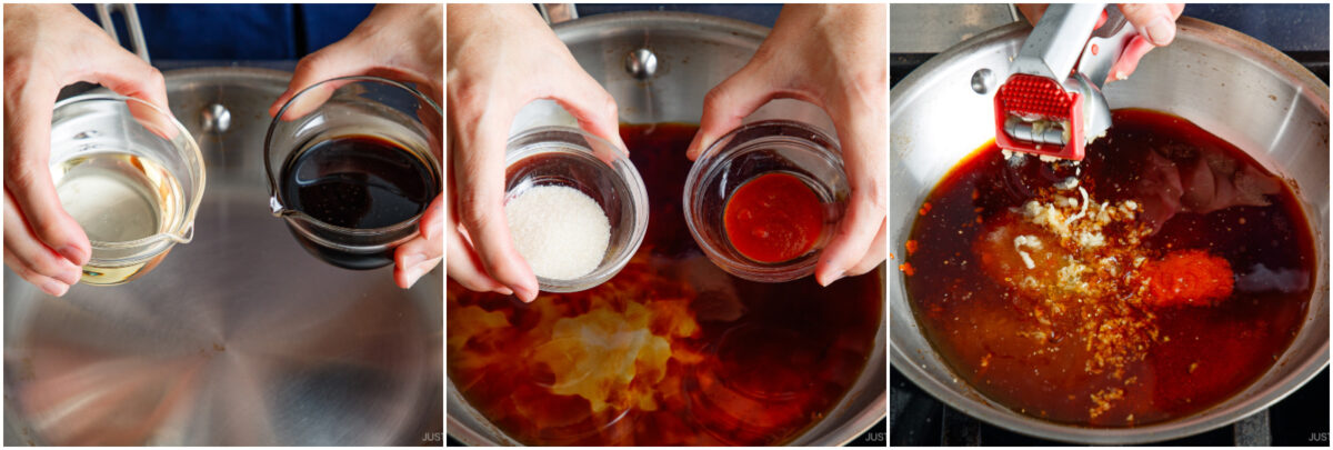 Three side-by-side photos: pouring vinegar and soy sauce into a pan, adding sugar and red sauce, then using a garlic press to squeeze garlic into the simmering mixture.