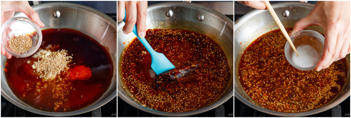 A three-panel image shows: 1) seeds and spices being added to a pan with dark sauce, 2) a person stirring the sauce with a blue spatula, 3) a person pouring a white liquid from a small bowl into the sauce while stirring.