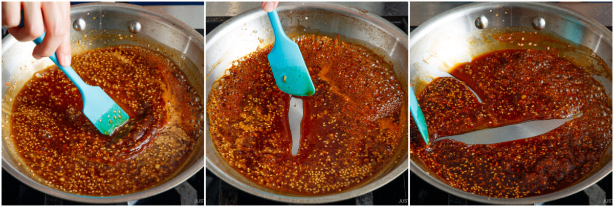 Three images show a hand stirring a reddish-brown sauce with a blue spatula in a stainless steel pan, with visible seeds and spices, as the sauce thickens during cooking.