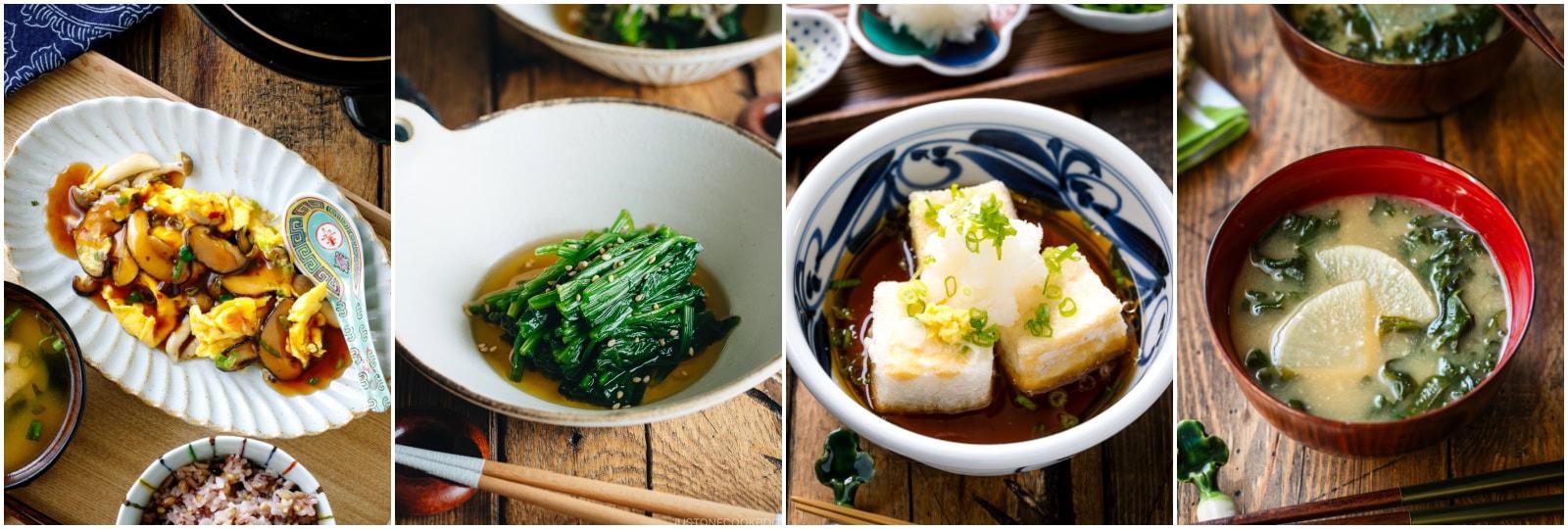 A collage of four Japanese dishes: stir-fried vegetables with egg, sautéed greens, tofu topped with scallions in sauce, and miso soup with daikon radish and greens, all served in various bowls and plates.