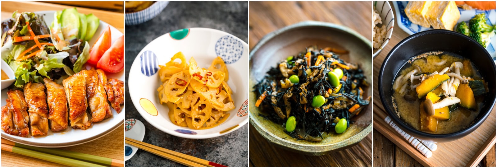 A collage of four Japanese dishes: grilled chicken with salad, lotus root salad, hijiki seaweed with vegetables, and a bowl of miso soup with mushrooms and greens.