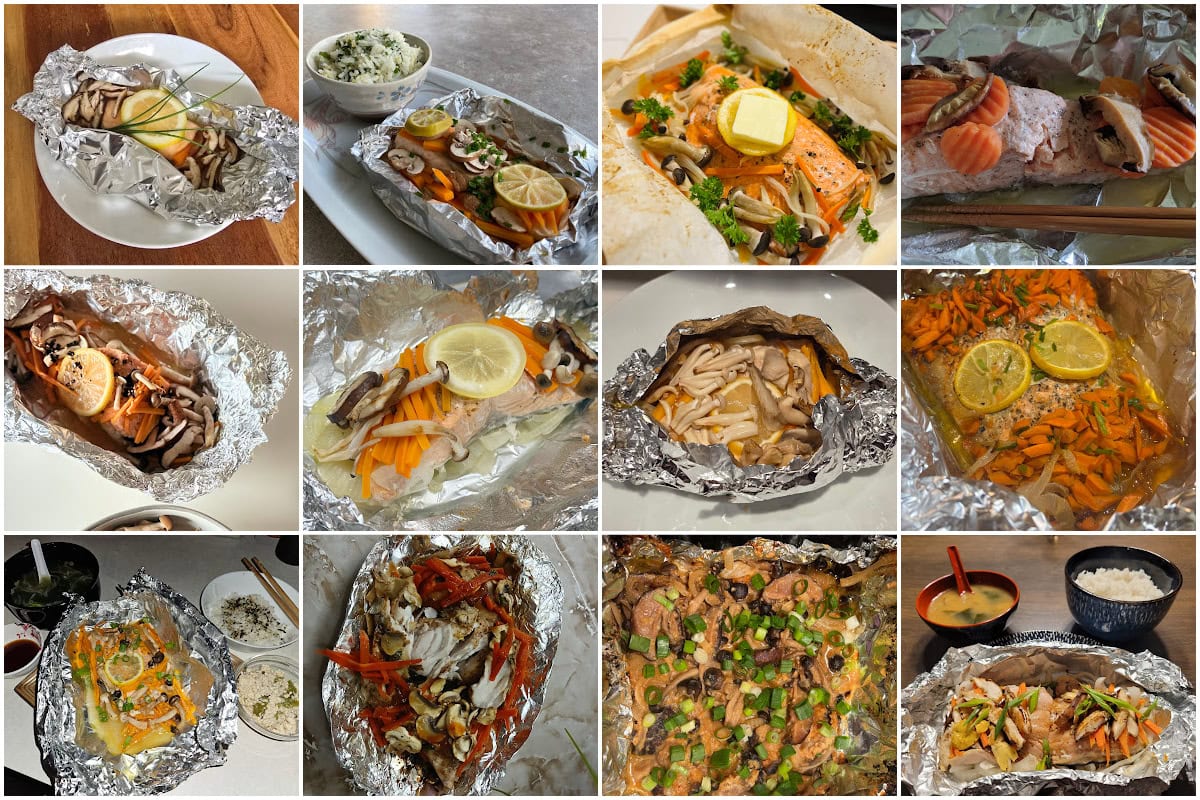 A collage of 12 images showing various fish and vegetable dishes, mostly baked or steamed in foil, some garnished with lemon slices or herbs, and a few served with rice and soup.