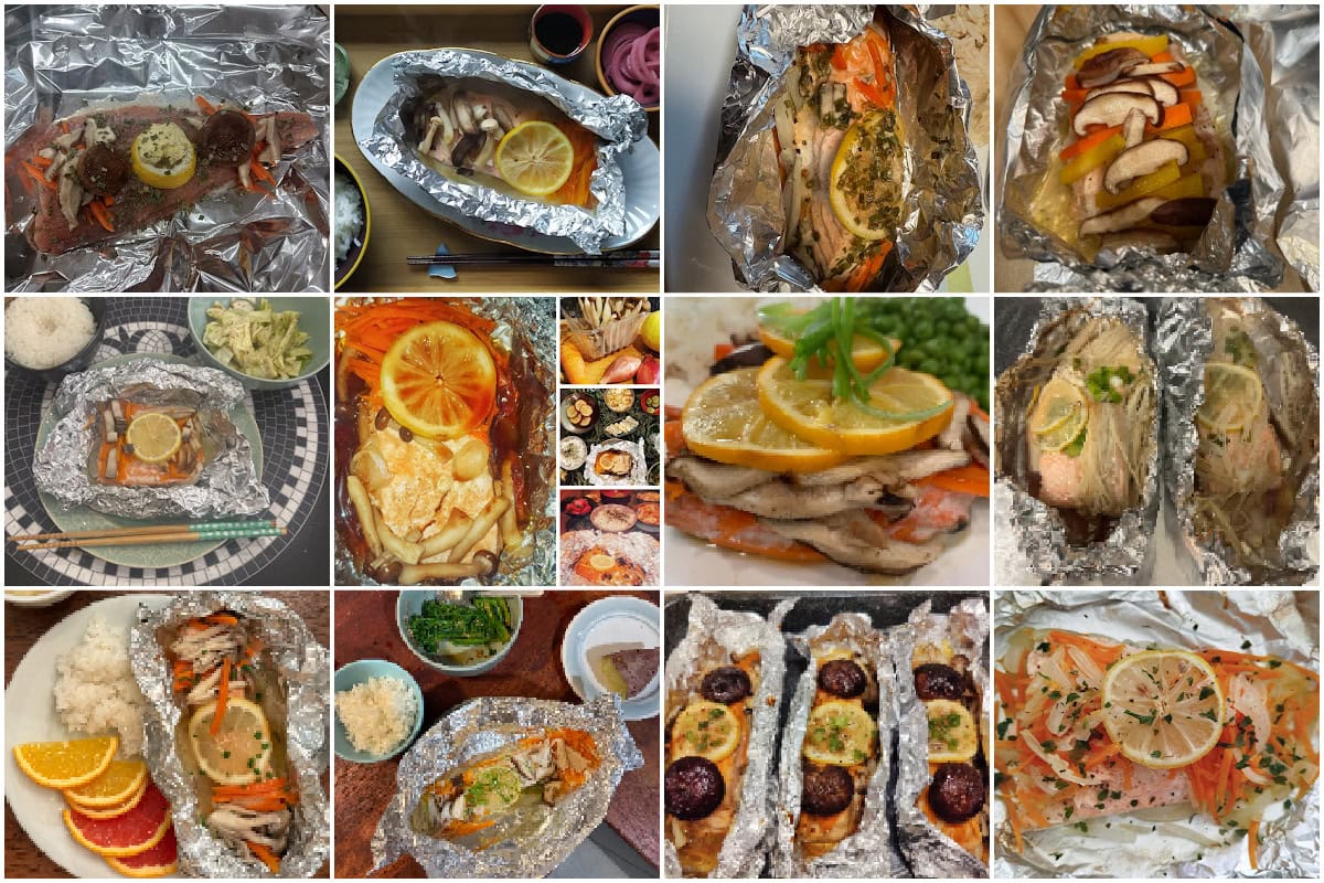 A collage of twelve images shows various foil-baked fish dishes, each garnished with lemon slices, herbs, and vegetables, accompanied by rice, salads, or citrus fruits on the side.