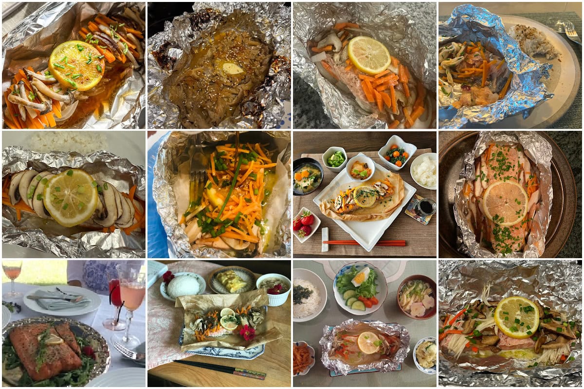 A collage of various foil-baked fish dishes, each garnished with sliced lemon and vegetables, displayed on plates or in foil, alongside bowls of rice, salads, and other side dishes.