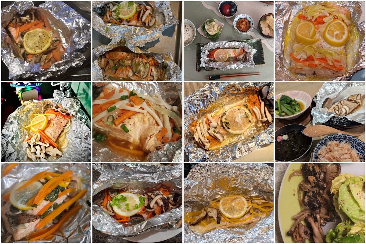 A collage of various baked salmon dishes in foil, each topped with lemon slices, vegetables like carrots and mushrooms, and accompanied by side dishes such as rice, salad, and sauces.