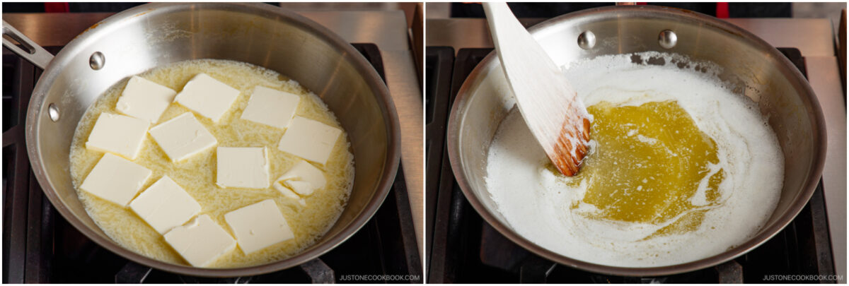 Two images side by side: Left, slices of butter melting in a stainless steel pan on a stove. Right, a wooden spatula stirs foamy, melted butter beginning to turn golden brown in the same pan.