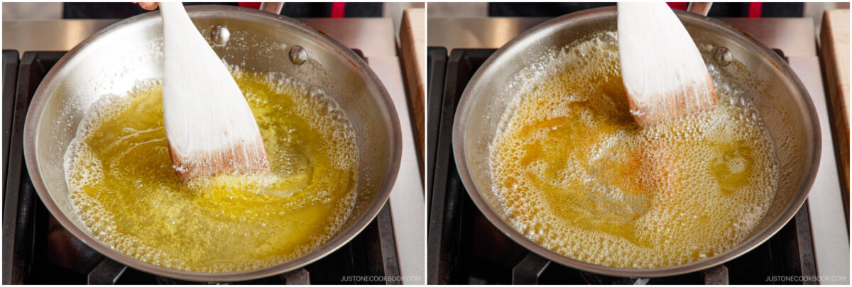 Side-by-side photos show a wooden spatula stirring melted butter in a metal pan on a stovetop; on the left, the butter is yellow, and on the right, it is browned and bubbly.